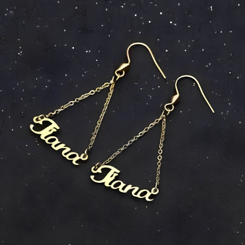 Triangle Dangling Earrings Special Design Customized Name High Quality Gold Plated.