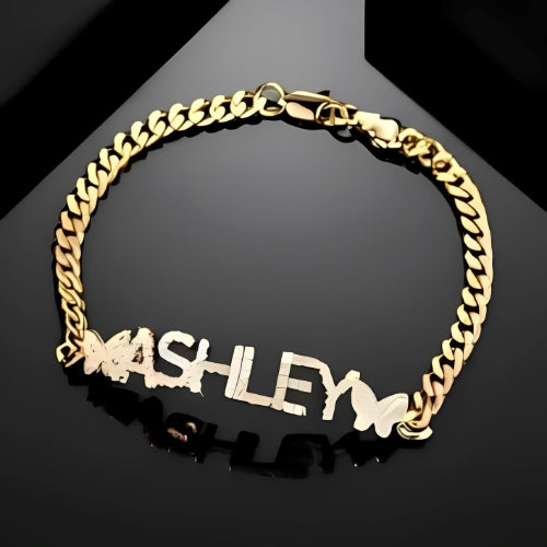 Two Butterflies Design Zircon Customized Name thick Chain Braclet Gold Plated