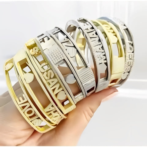Two Lines Special Design Customized Multiple Names Gold Plated, Silver Bracelet Bangle Plain or with Zircon