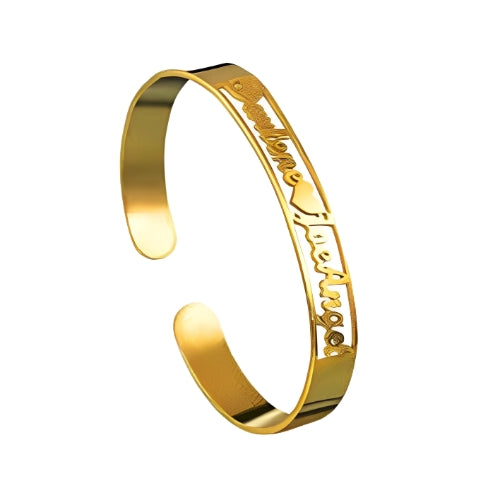 Two Lines Special Design Customized Two Names Gold Plated Bracelet Bangle Decorated with Heart.