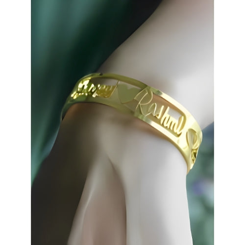 Two Lines Special Design Customized Two Names Gold Plated Bracelet Bangle Decorated with Heart