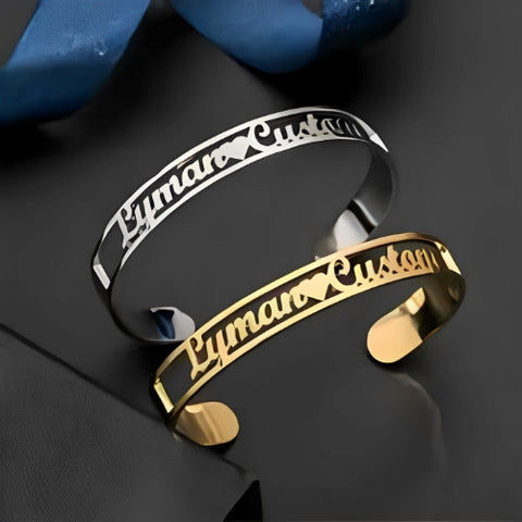 Two Lines Special Design Customized Two Names Gold Plated or Pure Silver Bracelet Bangle Decorated with Heart