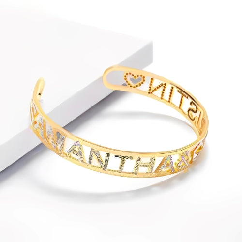 Two Lines Special Design with  Customized  Name Special Font Designed with Zircon Gold Plated Bracelet Bangle