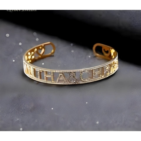 Two Lines Special Design with  Customized  Name Special Font Designed with Zircon Gold Plated Bracelet Bangle