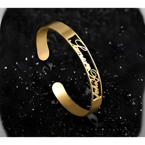 Two Lines Special Design with Heart Customized Two Names Special Font Gold Plated Bracelet Bangle