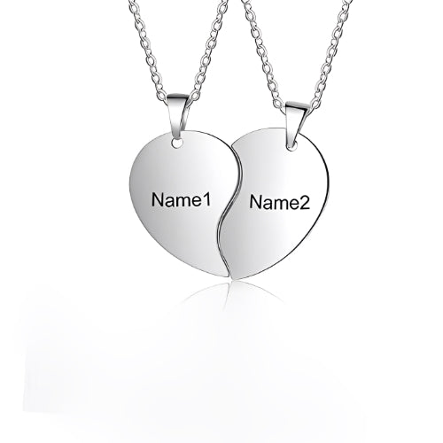 Two piece-Couple-Men-Women-Family-Gift-Customized-Name-Personalised-Sisters-Jewel-Half-Hearts-2 Necklaces.