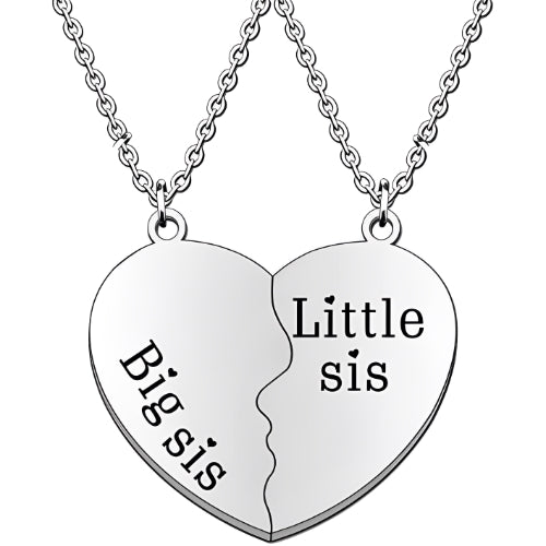 Two items for Couple, Men/Women, Family Silver Gift Customized Name Sisters Jewel, Half Heart. two necklaces with pendants.