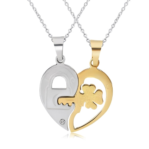 Two pieces-Couples-Men-Silver-Women-Gold-Gift-Customized-Name-flower-key-Personalised-Jewel-Half Heart-2 Nec