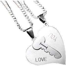 Two pieces-Heart-Key-Couple-Men-Women-Family-Silver-Gift-Customized-Personalised-2 Necklaces