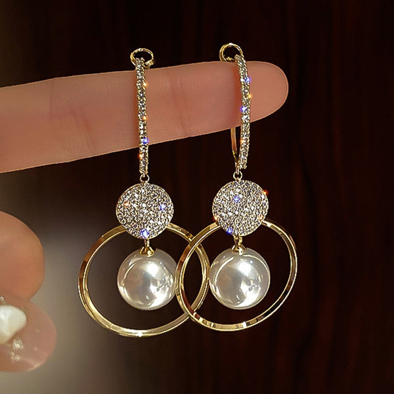 New Korean Style White Pearl Drop Earrings for Women Shiny Rhinestone Temperament Earring Wedding Party Engagement Jewelry
