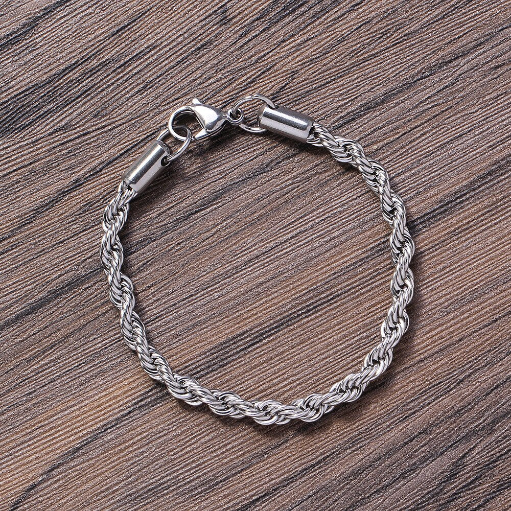 TOPGRILLZ 3/5mm Stainless Steel Rope Chain Bracelet Hip Hop Rock Fashion Jewelry Gift For Women Men