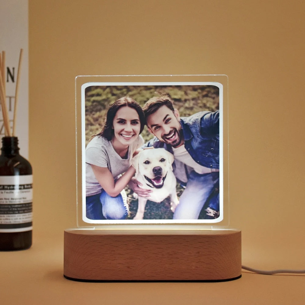 Customized Photo Frame USB Creative Wooden Base With Led Light  Living Room Bedroom Decoration Custom Text Photo