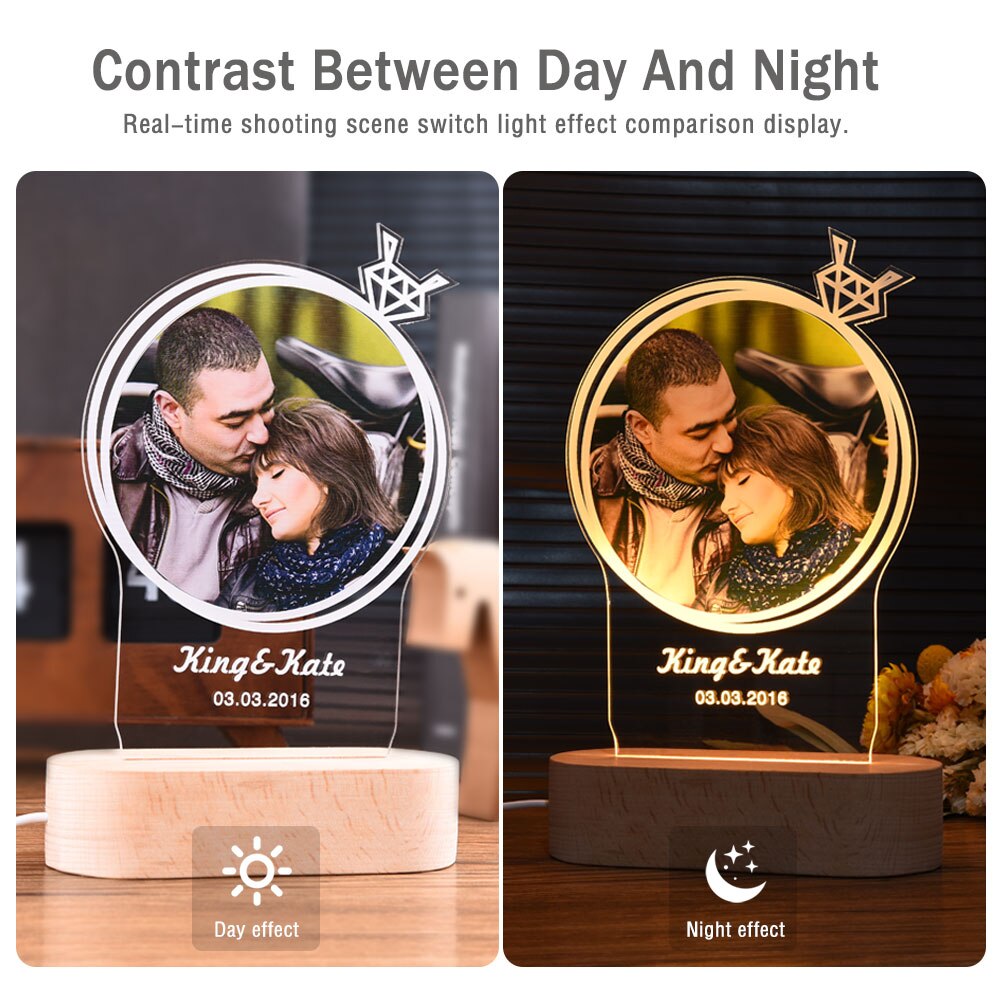 Customized Photo Frame USB Creative Wooden Base With Led Light  Living Room Bedroom Decoration Custom Text Photo