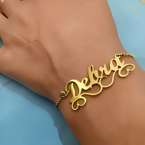 Unique Two Hearts Design Customized Name Gold Bracelet