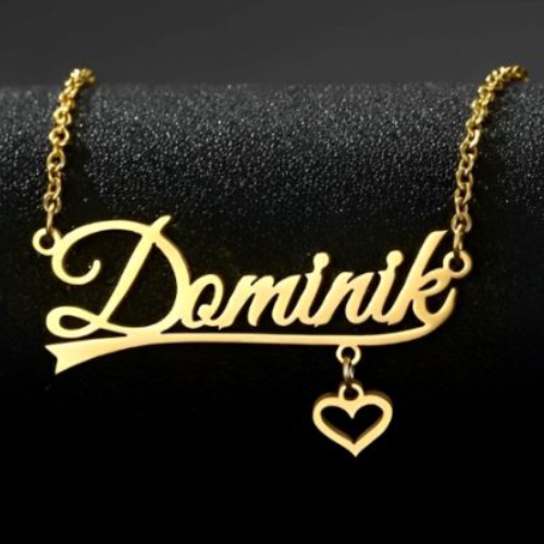 Personalized Name Gold Necklaces with Dangled heart design by AALIA JEWELRY Name-branded jewelry.