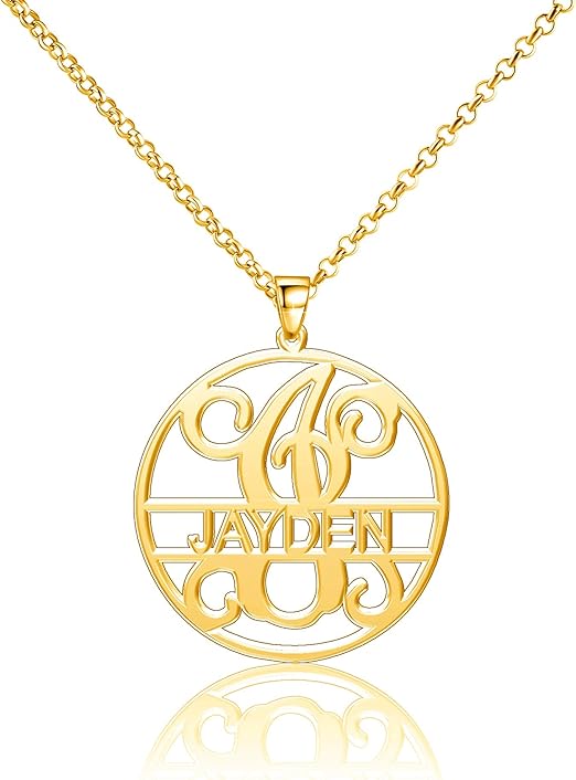 AALIA JEWELRIES Jayden Necklace Collections - Personalized Monogrammed Circle Pendant with Customized Nameplate. Circle Shape Initial Custom Name Necklace Custom Jewelry silver.