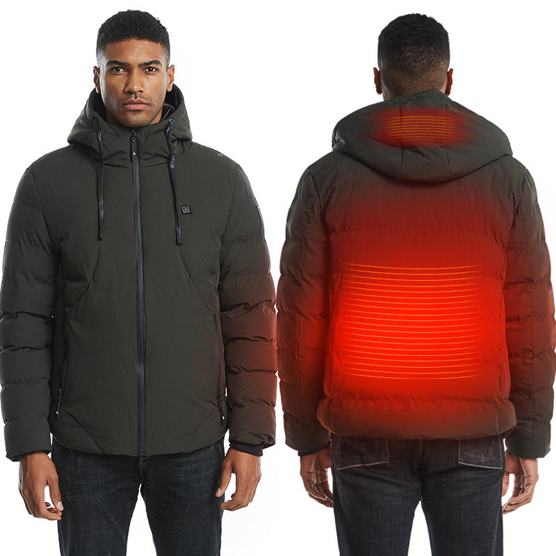 Unisex USB Smart Electric Heated Jacket. Thicken Hooded Outdoor Hiking Ski Clothes.