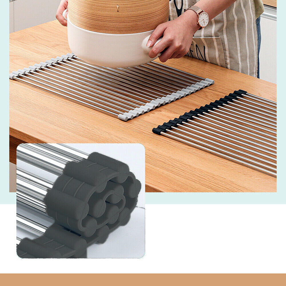 Kitchen Stainless Steel Sink Drain Rack Roll Up Dish Drying Drainer Mat