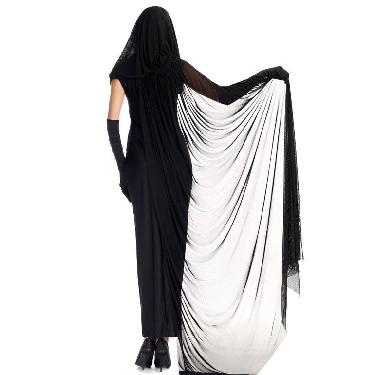 Halloween Costume Witch Cosplay Suit Shawl Skirt and Gloves. Women Black color Halloween Party three peices scary attractive Costume.