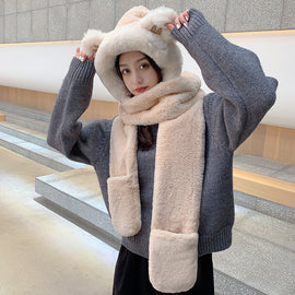 Women's Winter Hats Thickened Plush One-piece Scarf Three Piece Set