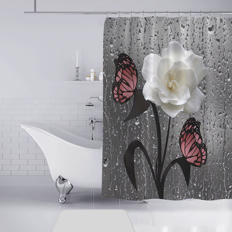 Butterfly Flower Scenery Waterproof Shower Curtain Bathroom Landscape