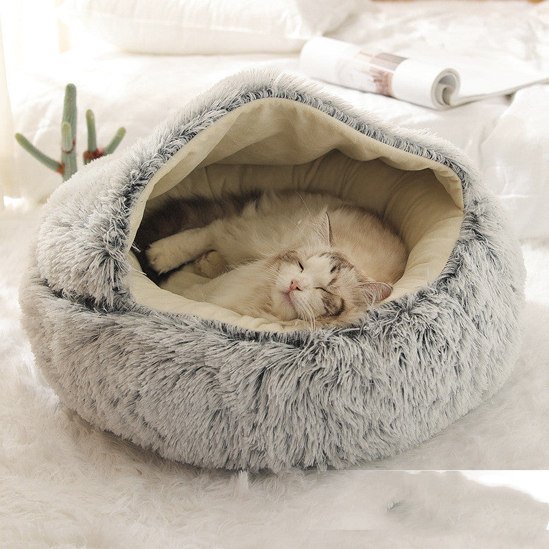 Pet Bed Round Plush Warm Bed House Soft Long Plush Bed  2 In 1 Bed