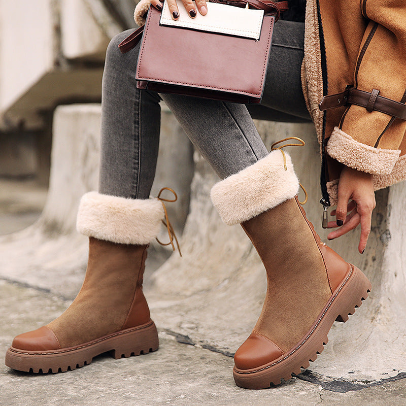 Warm Cotton Boots, Thick-Soled Round-Toe Wool Boots