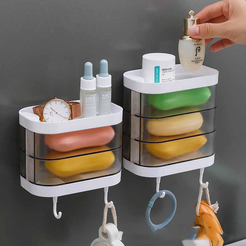 Bathroom Soap Box Wall-mounted Multi-layer Soap Box Toilet Rotatable Drain Soap Box Multifunctional Toiletry Rack Wall Shelf