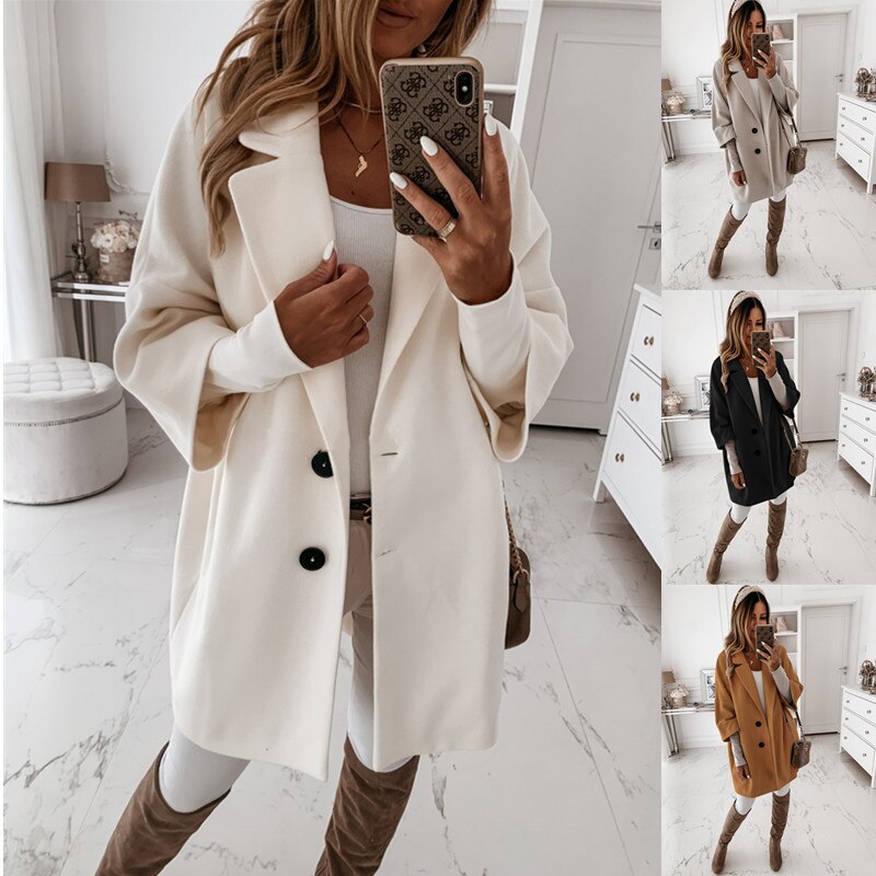 Autumn Winter Women Coats 2XL Plus Long Wool Warm Elegant Vintage khaki Jacket.