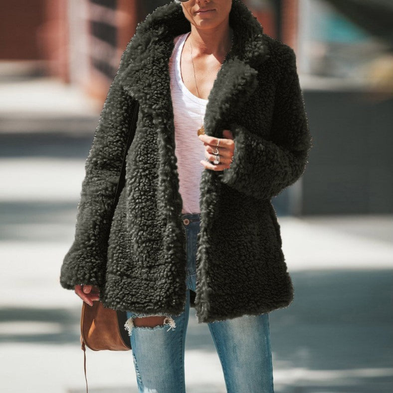 Lapel Long Sleeve Fluffy Furry Faux Fur Jackets Woman Overcoat