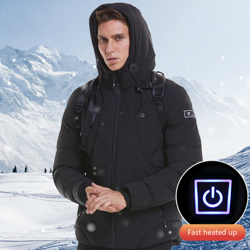 Unisex USB Smart Electric Heated Jacket. Thicken Hooded Outdoor Hiking Ski Clothes.