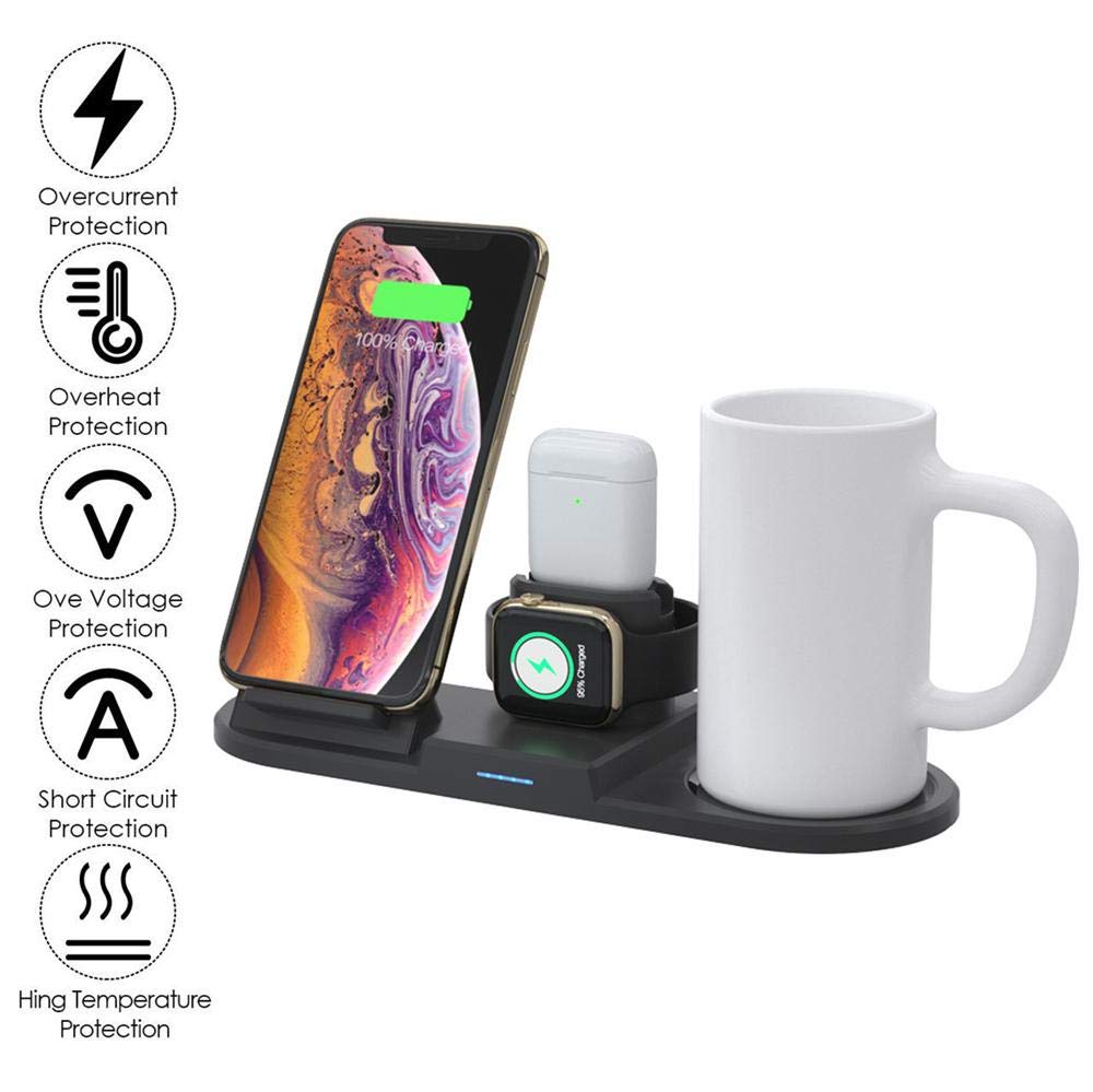 4 in 1 Fast Charging Station. charge 4 devices at the same time, the maximum 15W of the phone charger. It can charge your iPhone, Apple Watch and AirPods while keeping your coffee warm.