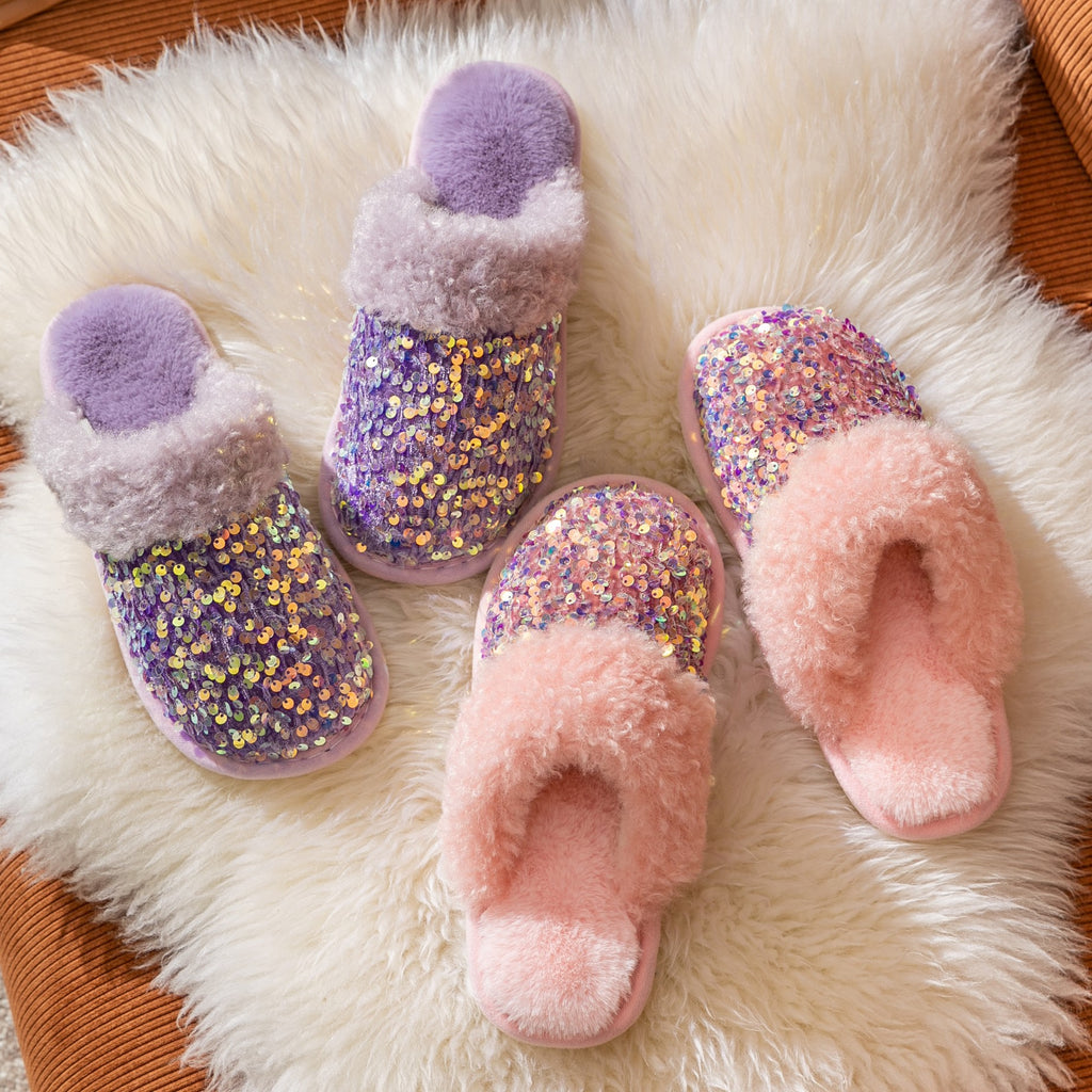 Women's Cotton Slippers Glitter Plush Slippers Indoor Thermal Women Slippers