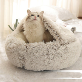 Pet Bed Round Plush Warm Bed House Soft Long Plush Bed  2 In 1 Bed