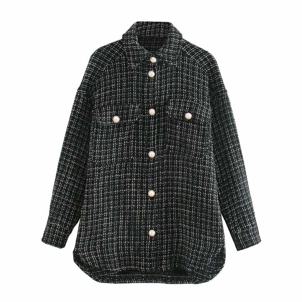 Ladies Elegant Autumn Winter Coat. Plaid Pattern Thick Jacket Pearl Buttons Long Sleeves.