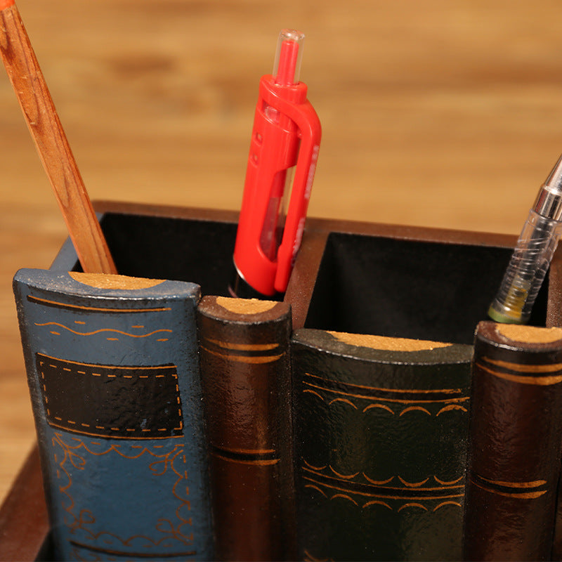 Retro Wood Pen Holder Book Shape Desk Organizer