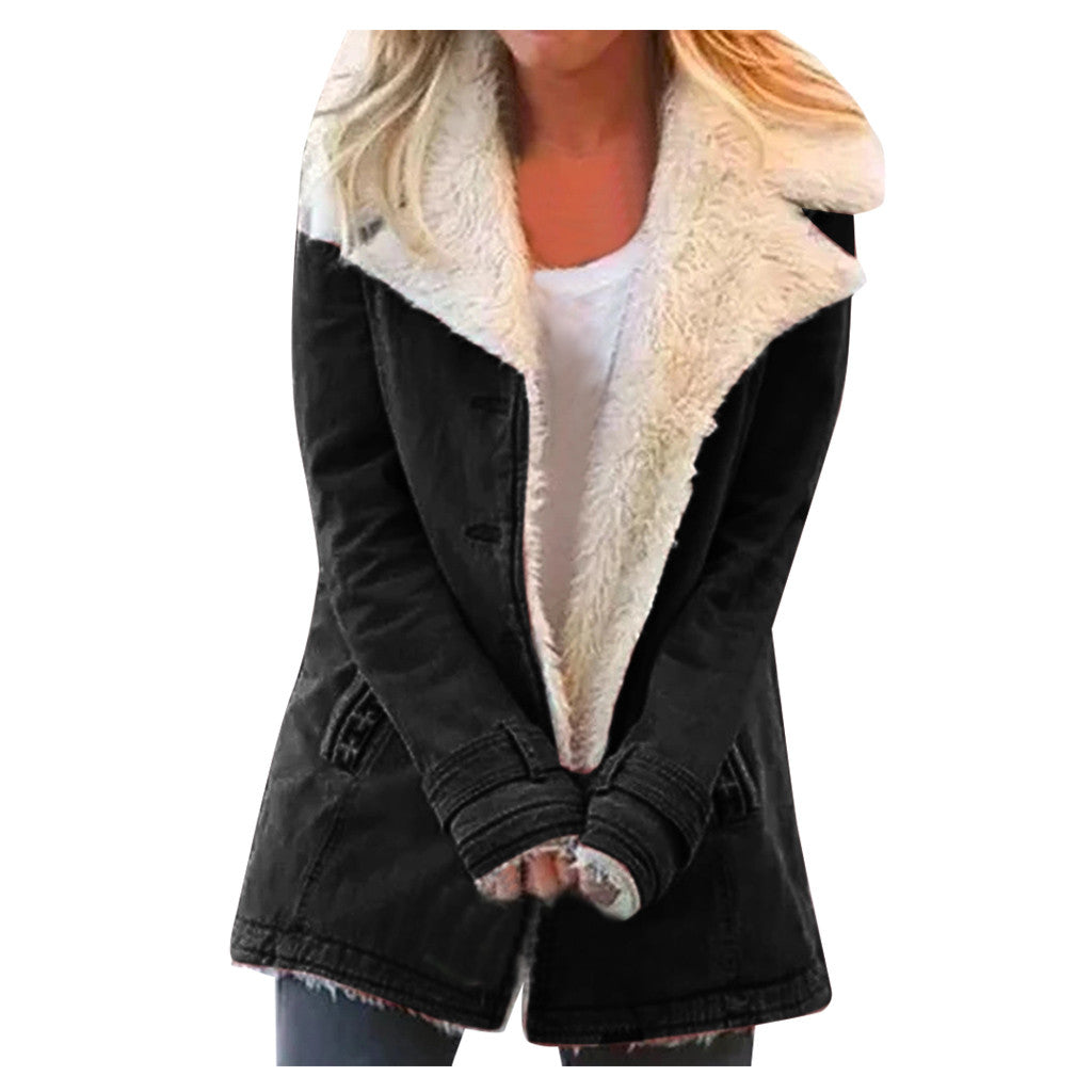 Women Plus Size Warm Coats Composite Plush Button Lapels Jacket Outwearcoat