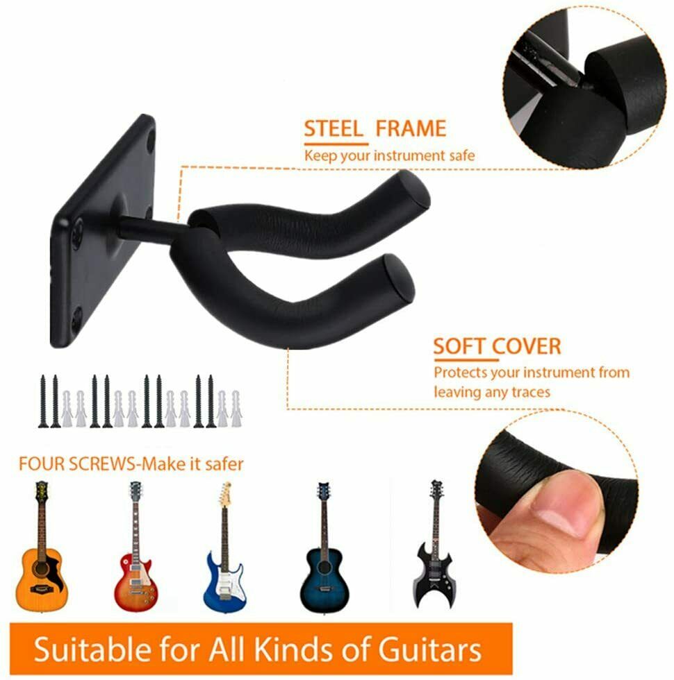 2 PCS Guitar Hangers Wall Mount Arm Instrument Display Holder Padded Hook Rack