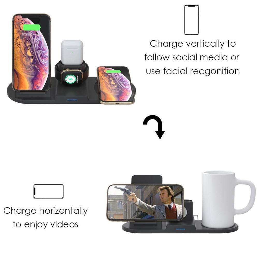 4 in 1 Fast Charging Station. charge 4 devices at the same time, the maximum 15W of the phone charger. It can charge your iPhone, Apple Watch and AirPods while keeping your coffee warm.