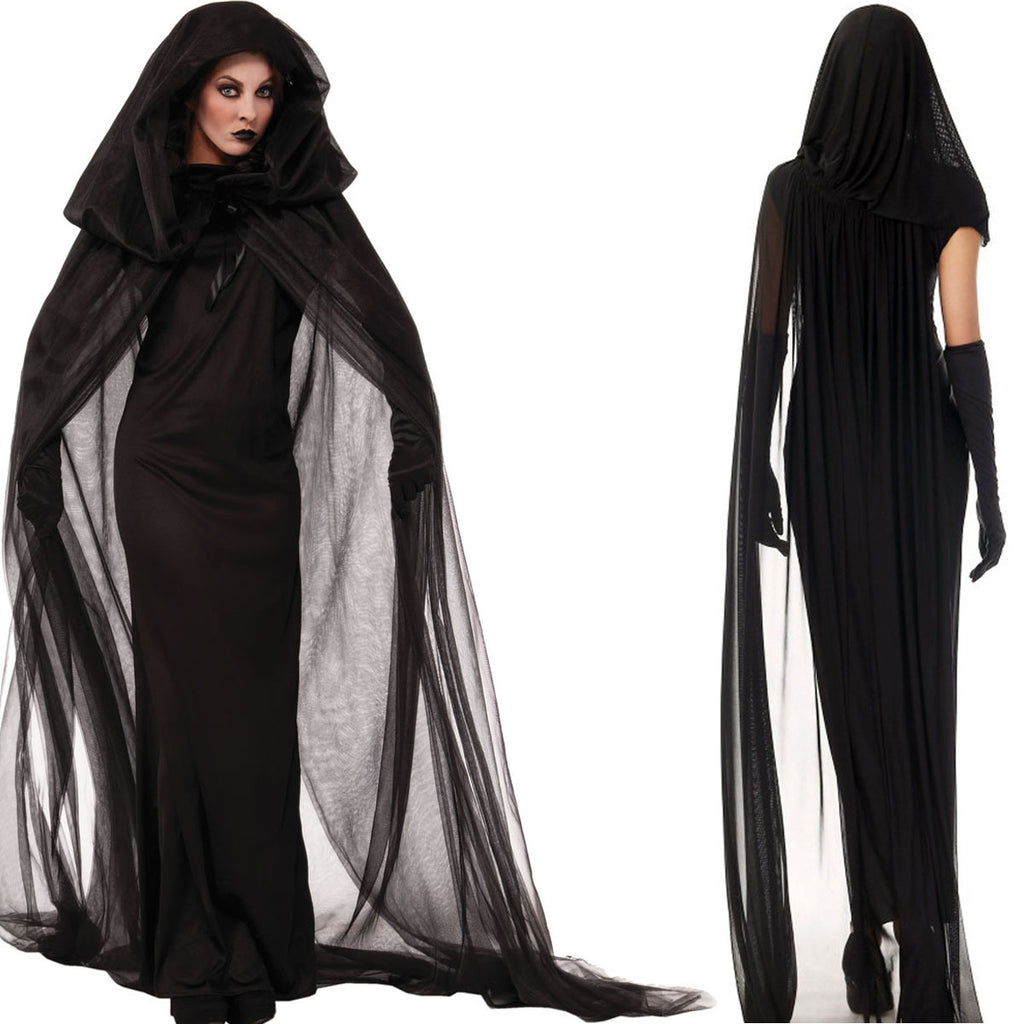 Halloween Costume Witch Cosplay Suit Shawl Skirt and Gloves. Women Black color Halloween Party three peices scary attractive Costume.