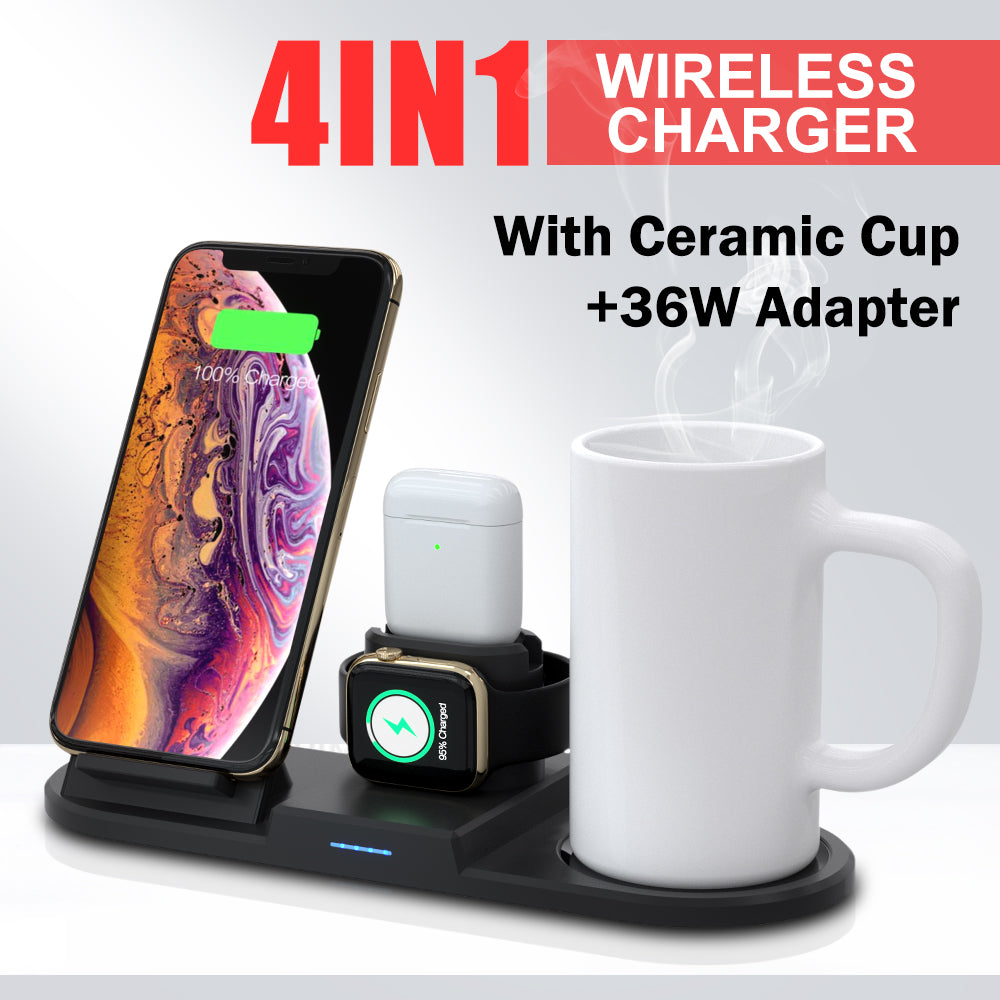 4 in 1 Fast Charging Station. charge 4 devices at the same time, the maximum 15W of the phone charger. It can charge your iPhone, Apple Watch and AirPods while keeping your coffee warm.