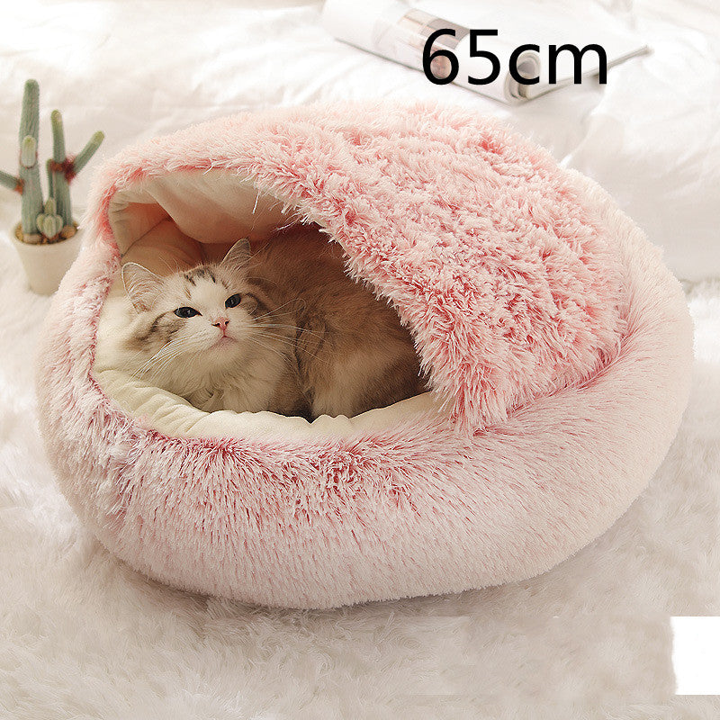 Pet Bed Round Plush Warm Bed House Soft Long Plush Bed  2 In 1 Bed