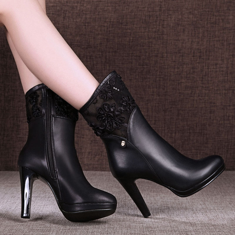 In the winter of 2021 new black high-heeled boots boots in female with a fine lady all-match lace round high boots