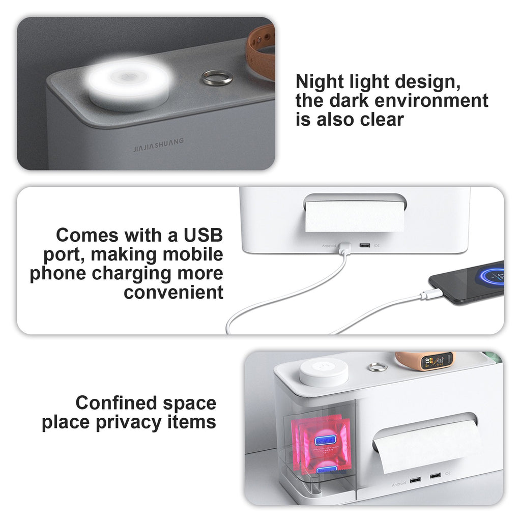 Multifunction LED Light Bedside Table Desktop Storage Box Tissue Box With USB