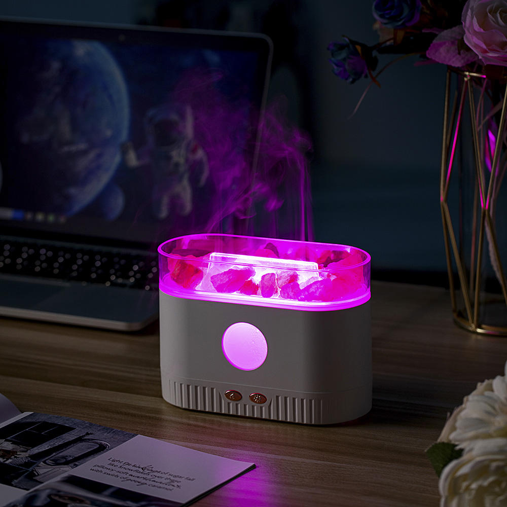 Humidifier Flame Salt Stone Aromatherapy Machine. Essential Oil Colorful RGB Light Flame Aroma Diffuser