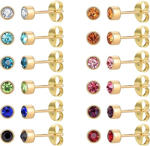 Twelve pieces or a pair Birthstone Gem Steel Earring Studs Ear Piercing Jewelry.