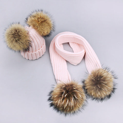 Children's Double Woolen Hats With Woolen Balls Scarf Set