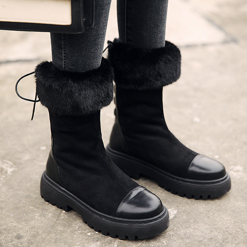 Warm Cotton Boots, Thick-Soled Round-Toe Wool Boots