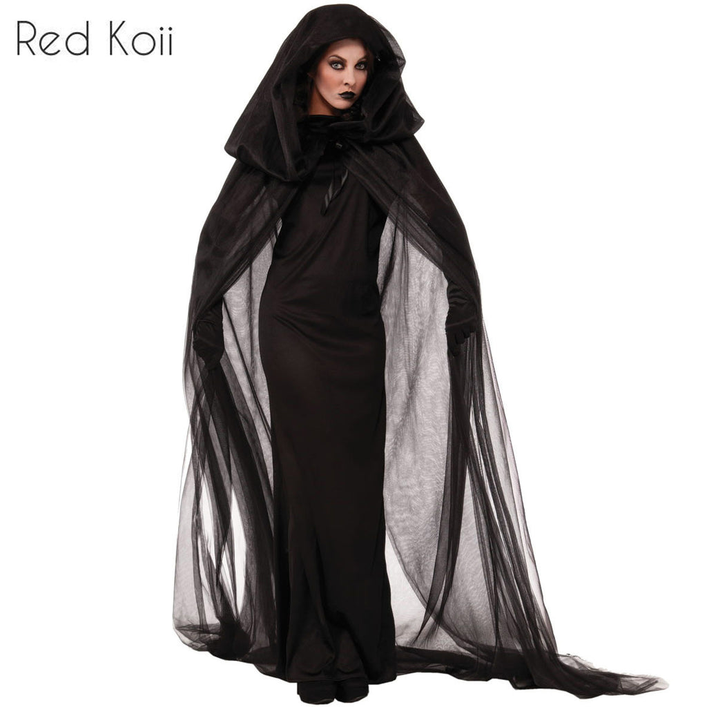 Halloween Costume Witch Cosplay Suit Shawl Skirt and Gloves. Women Black color Halloween Party three peices scary attractive Costume.