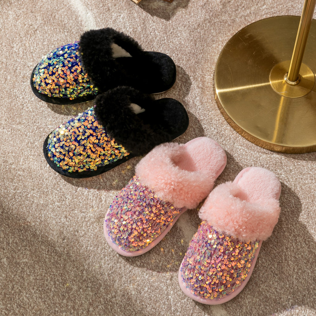 Women's Cotton Slippers Glitter Plush Slippers Indoor Thermal Women Slippers